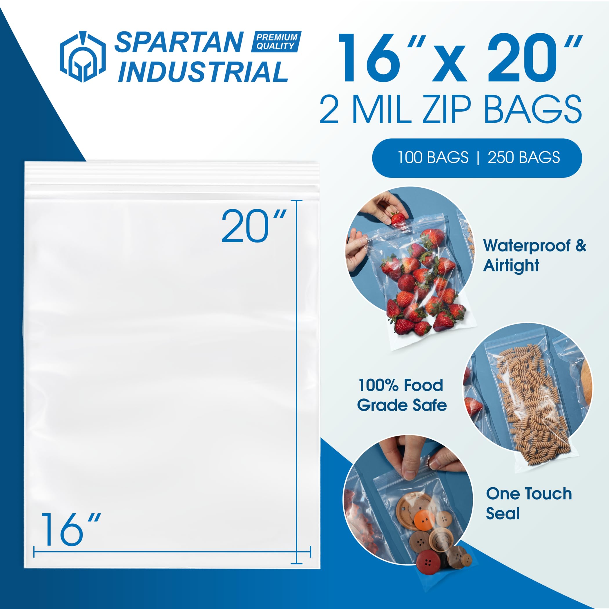 Spartan Industrial - Bolsas de polietileno de plástico con cremallera resellable de 16 x 20 pulgadas (100 unidades) de 2 mil con cierre resellable