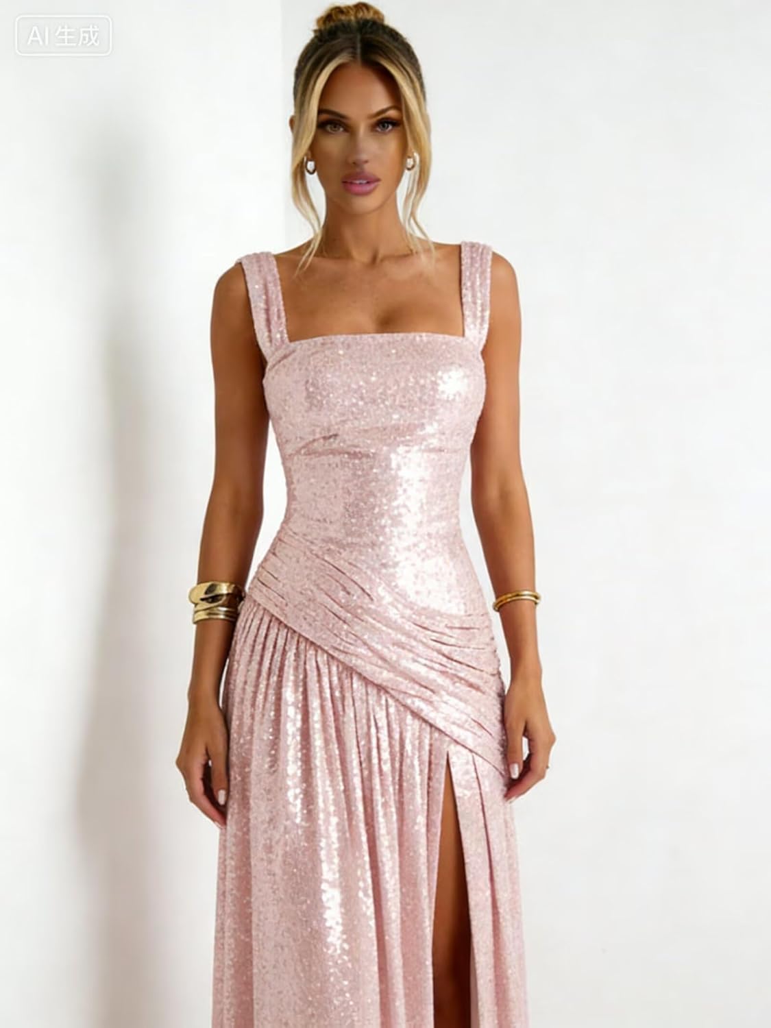 Sparkly Sequin Prom Dress 2026 Long Square Neck Pleated Formal Evening Party Dress with Slit