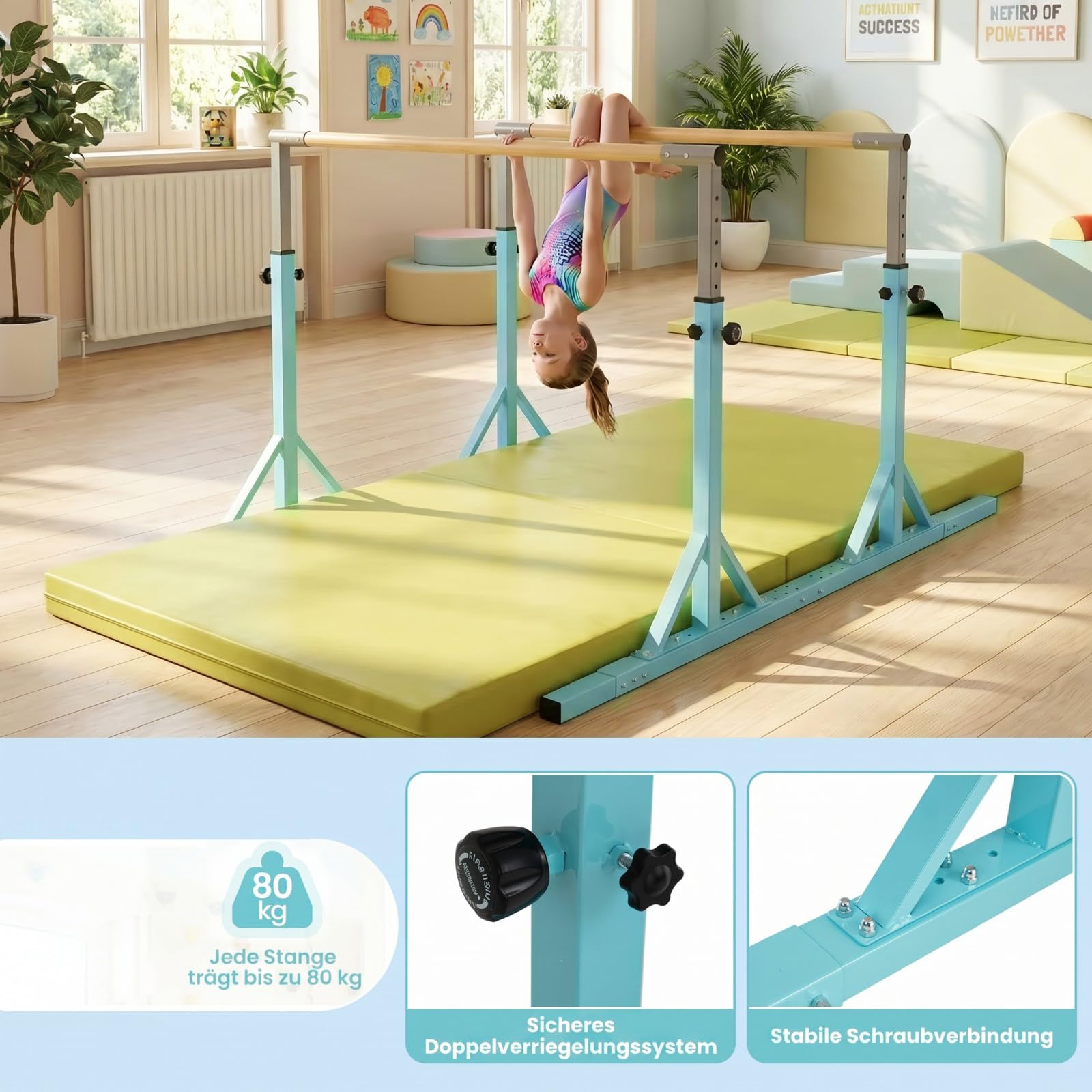 GYMAX Gymnastikstange für Kinder, Turnstange mit 13 Höhenverstellbar, Reck Turnen bis 100kg belastbar, Turnreck für Zuhause & Fitnessstudio, 251 x 144 x 84,5-144,5 cm