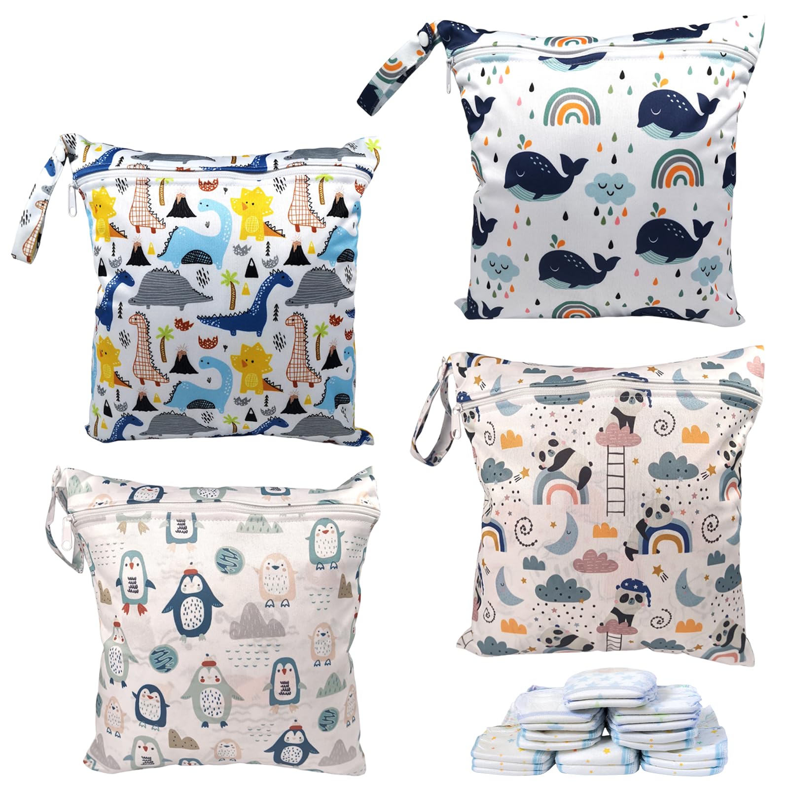 Borsa per Pannolini Lavabile 4 Pezzi Wet Dry Bags Impermeabile Riutilizzabile per Viaggi Spiaggia Piscina
