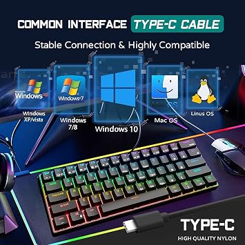 RK ROYAL KLUDGE RK61 Wired 60% Mechanical Gaming Keyboard Programmable QMK/VIA RGB Backlit 61 Key Ultra Compact Hot Swappable Red Switch Black