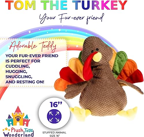 Tom The Turkey - Juguete de peluche de pavo suave de 16 pulgadas, peluche perfecto para Pascua, Acción de Gracias, baby showers, niños y cumpleaños