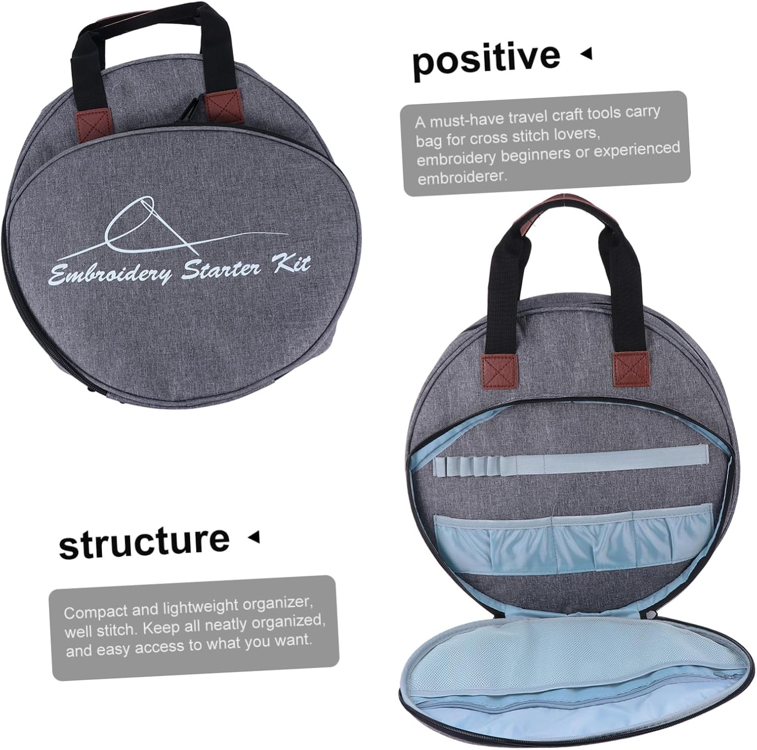 RUNROTOO Embroidery Kit Bag and Tool Holder for Cross Stitch, Grey Portable Storage Pouch with Multiple Compartments, Suitable for Students and Sewing Supplies Organization