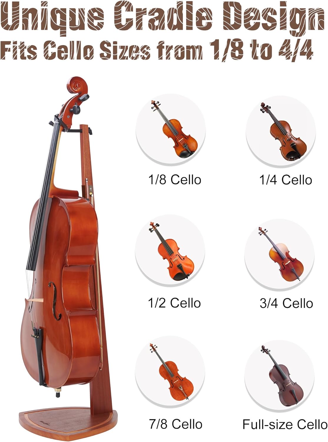 Cello Stand with Bow Holder, Handcrafted Mahogany Wood Floor Stand for 4/4 Full-Size and 1/2, 1/4, 3/4, 1/8, 7/8 Cello Home and Studio Display
