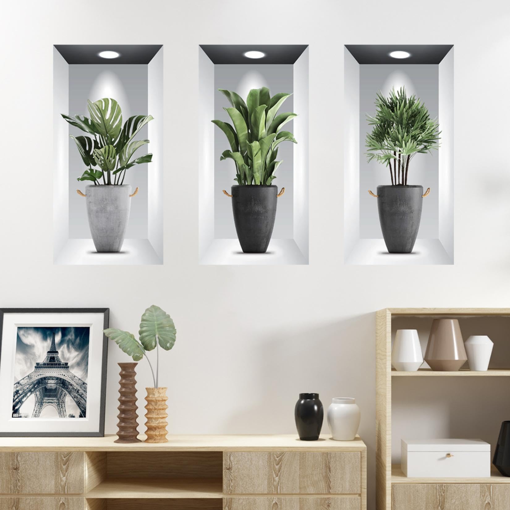 3pcs Planta Pegatinas de Pared,3D Planta Verde Impermeable Arte de Pared Calcomanías,3D Planta Pegatina de Pared para Sala de Estar Dormitorio Baño Cocina Oficina Decoración