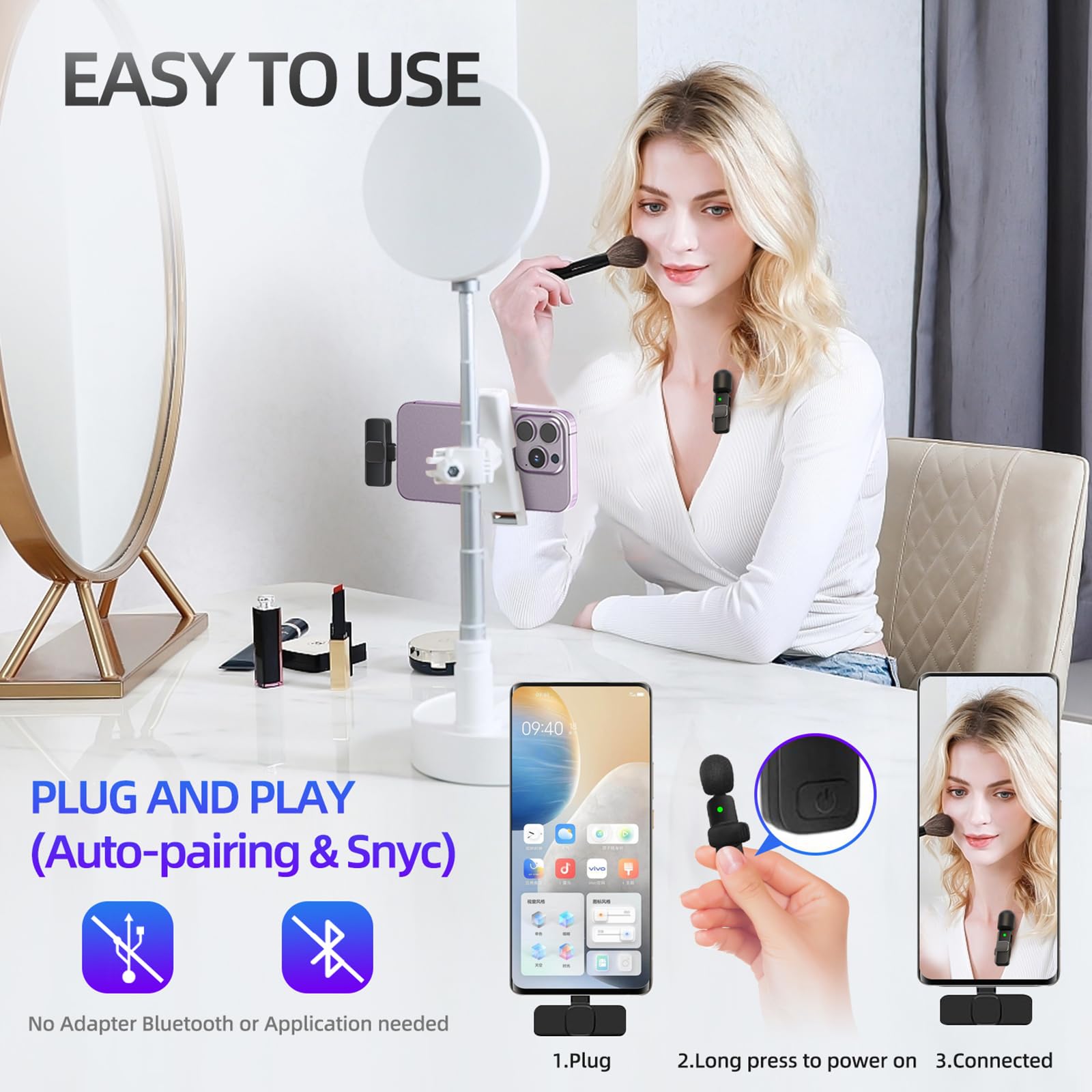 Lot de 2 microphones cravate sans fil 3 en 1, plug-play professionnel, réduction du bruit, micro à clip pour entretien, YouTube, TikTok, Vlog, mini microphone pour iPhone, équipement USB C