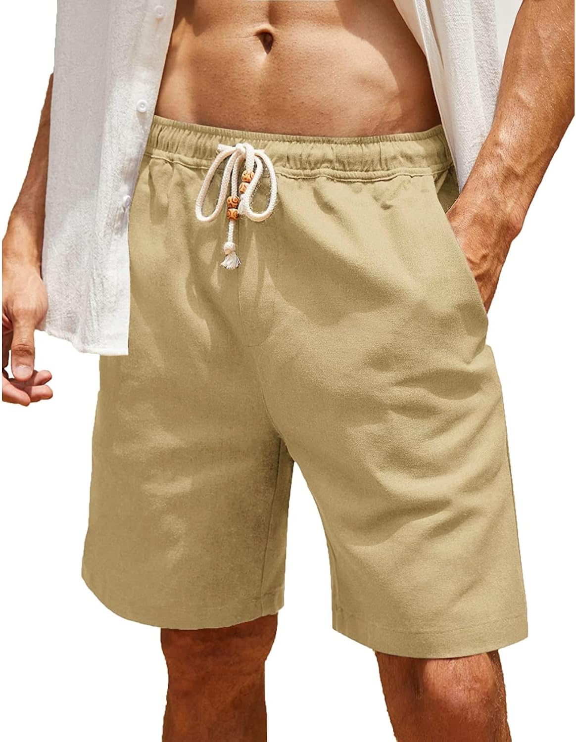 Men Drawstring Solid Casual Beach Shorts Summer Straight Cotton Linen Short Pant Micro Stretch Sports 5 Point Pants