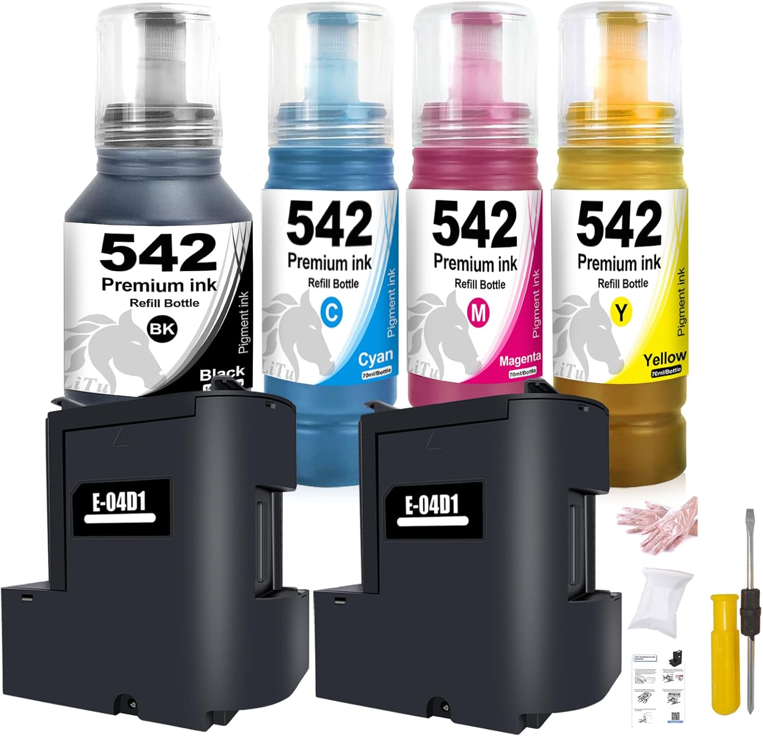 Compatible T542 542 Ink Refill Bottles and T-04D1 Ink Maintenance Box Remanufactured for ET-5150 ET-5170 ET-5180 Printers (Combo Pack, 542 4-Pack BKCMY and T-04D1 2-Pack)