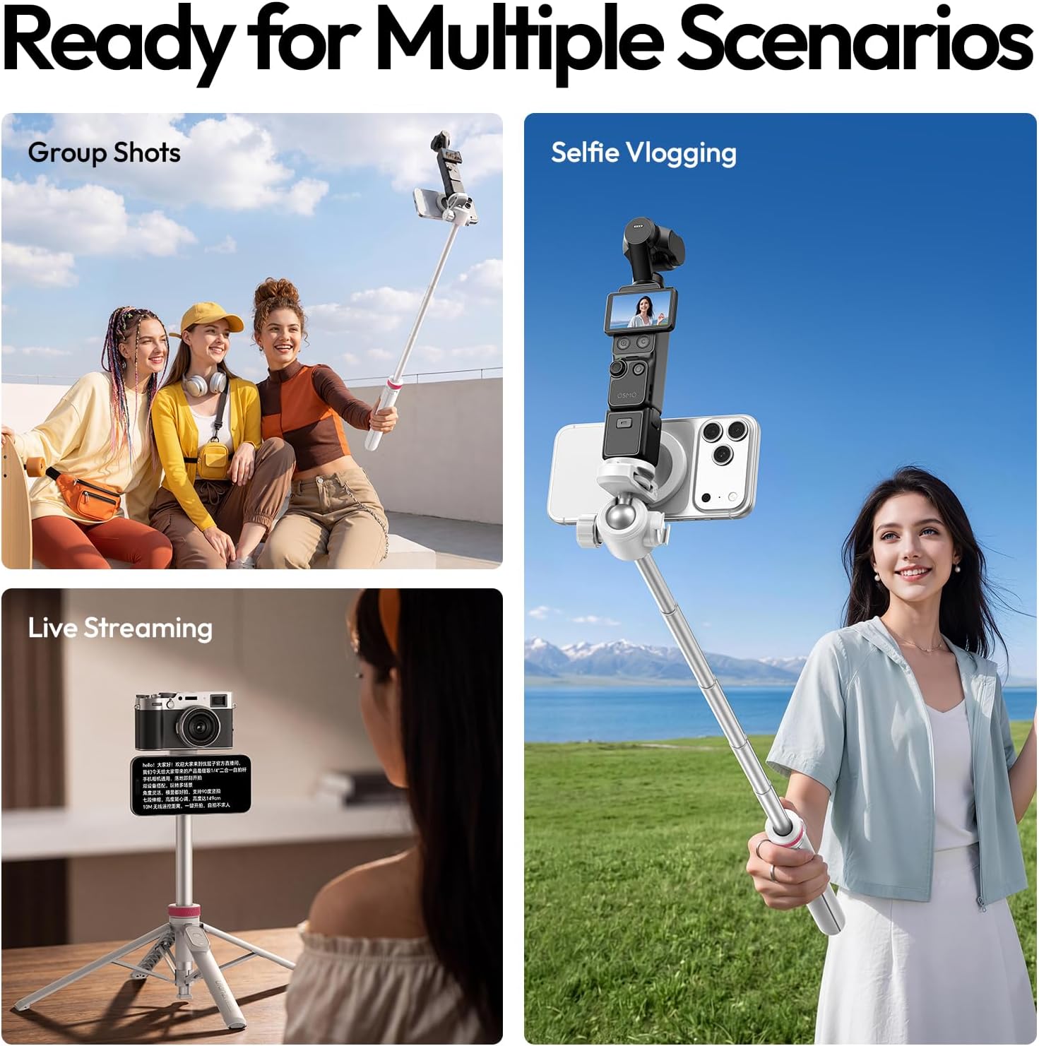  MT44M 2-in-1 Auto Open Magnetic Phone & Camera Tripod with Remote | Magsafe Wireless Extendable Selfie Stick, Ball Head, 1/4" Screw, Cold Shoe Compatible with iPhone Android DJI Osmo Pocket 4/3 thumbnail