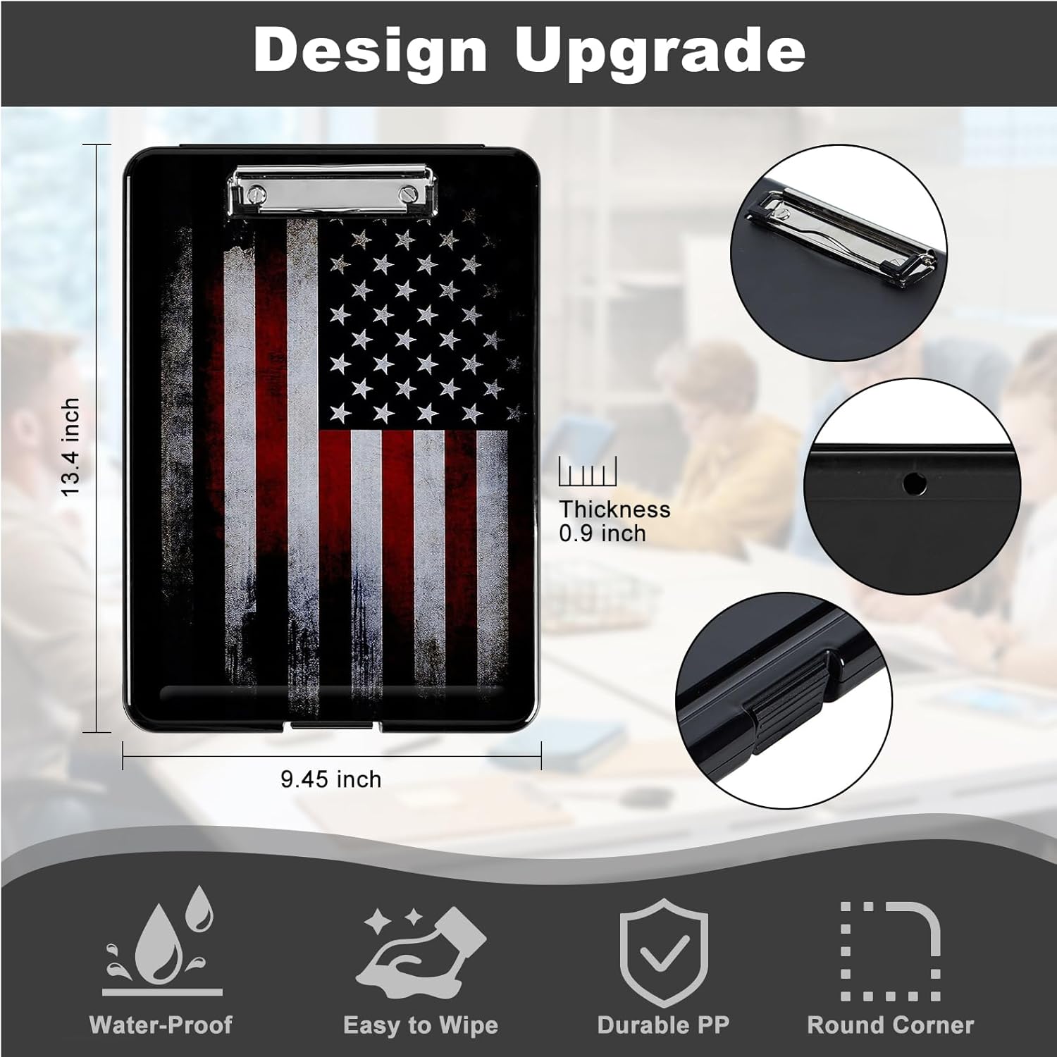 Plastic Clipboard with Storage & Sticky Notes, A4 Clip Board with Pen Holder, Folio Job Box Writing Board Nursing Clipboard Black, Vintage American Flag