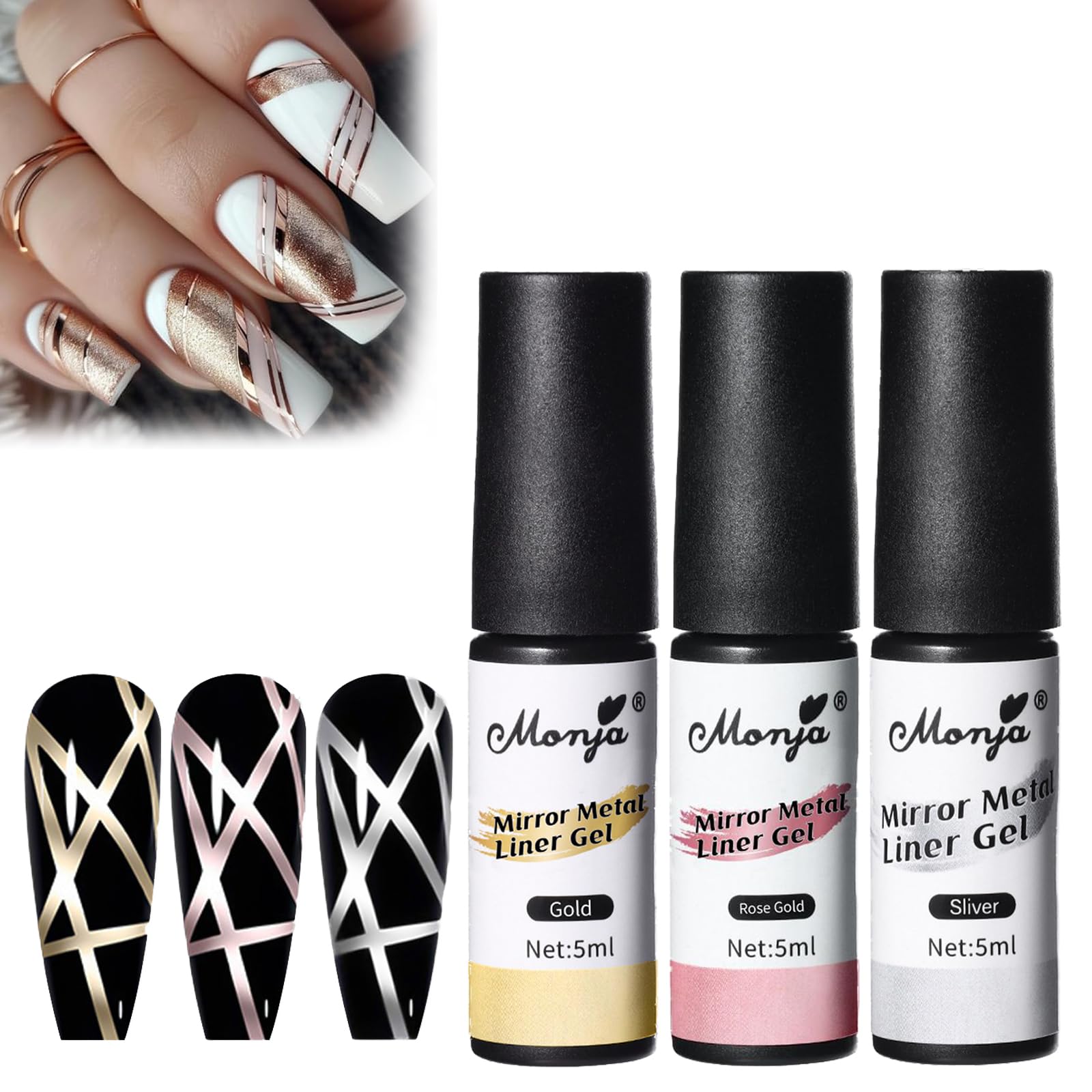 Esmaltes Semipermanentes Pintauñas Gel, Pintauñas Gel Liner para Uñas Oro y Plata para Decoración Uñas y Manicura Francesa, Efecto Espejo Pintado Pintauñas Gel Multifuncional