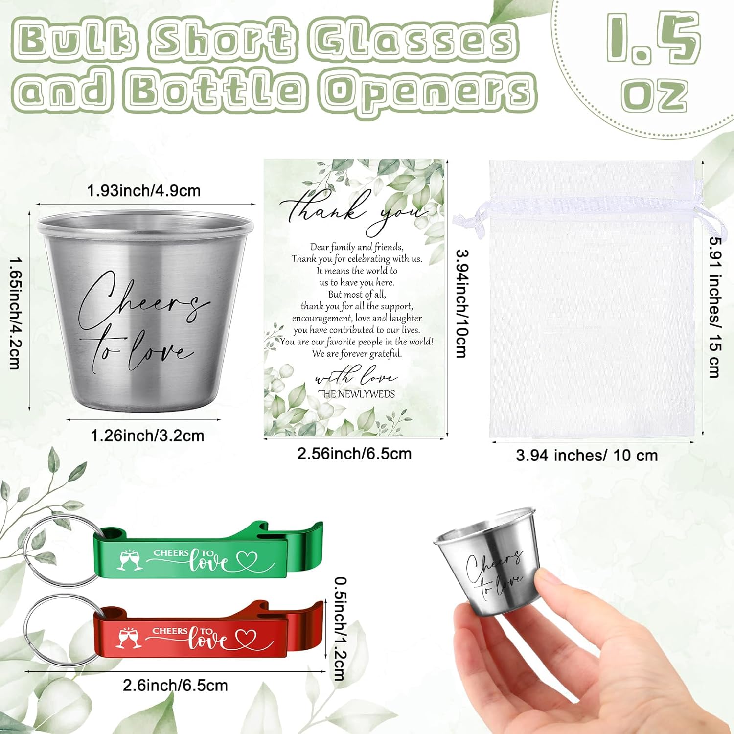 Honeydak 50 Sets Wedding Favors for Guests Bulk Wedding Cheer to Love 2 oz Stainless Steel Shot Glasses Bottle Openers With Thank You Cards Souvenirs Gift for Bridal Shower Party