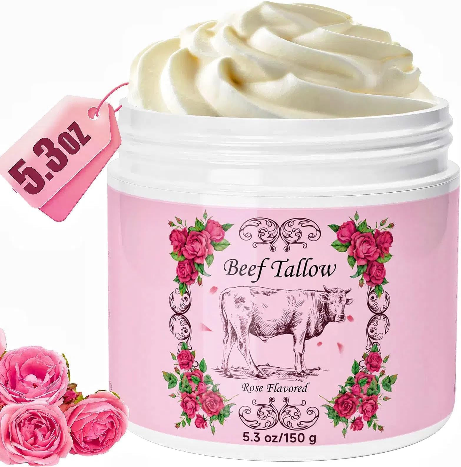 Whipped Beef Tallow for Skin, Beef Tallow for Face, Rose Face Moisturizer, 5.3 OZ Extra Size Rose Scent Whipped Natural Tallow Blam Grass Fed Tallow Cream Moisturizer Body Lotion