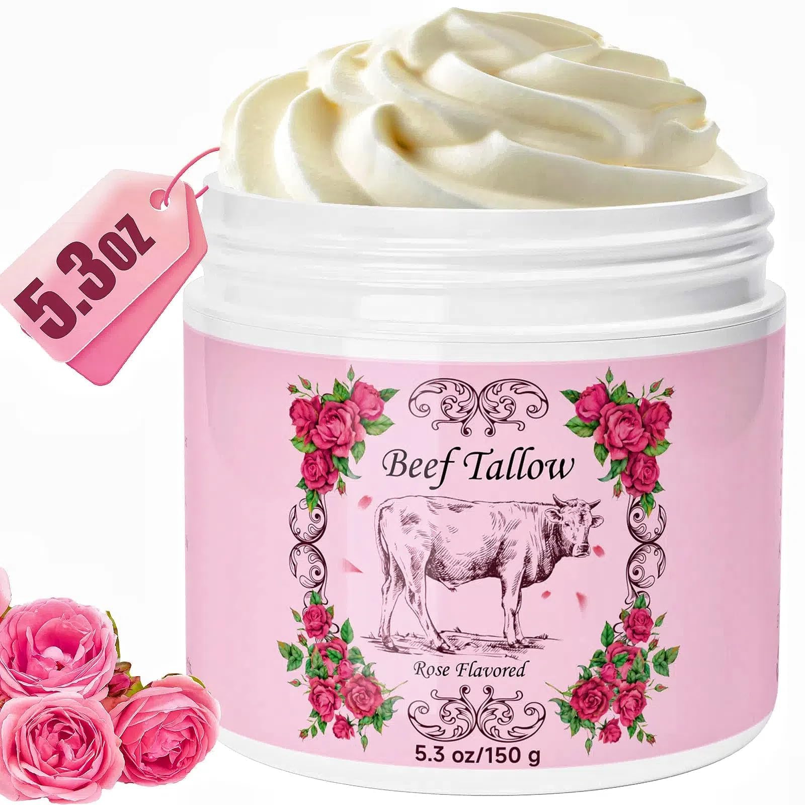 Outccogo Whipped Beef Tallow for Skin, Beef Tallow for Face, Rose Face Moisturizer, 5.3 OZ Extra Size Rose Scent Whipped Natural Tallow Blam Grass Fed Tallow Cream Moisturizer Body Lotion