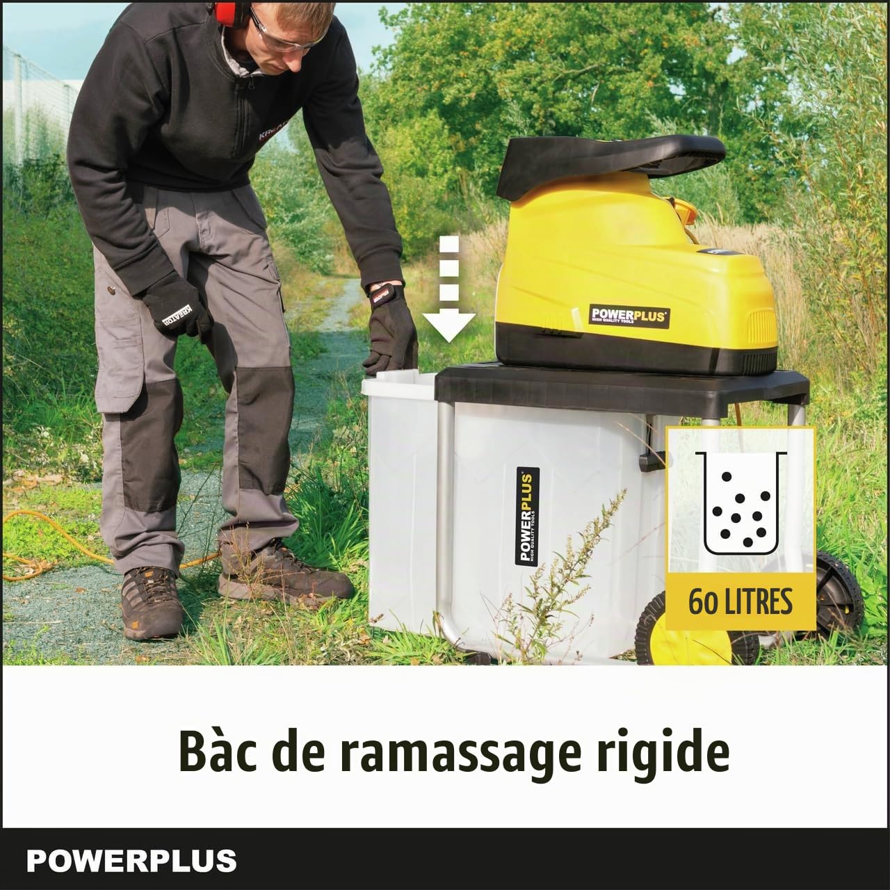 Powerplus Broyeur de Végétaux Électrique POWXG6462-2800 W, Max. Ø45 mm, Poussoir, Roues et Sac de Ramassage de 60 l Inclus