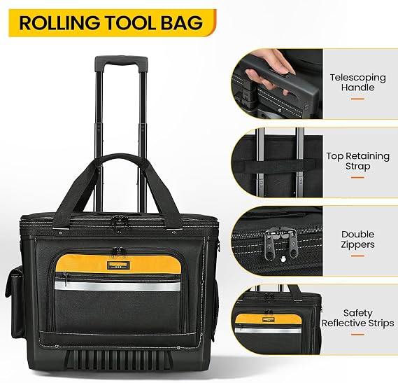 Rolling Tool Bag with Wheels, 22 Inch Heavy Duty Tool Trolley, Telescopic Handle, Wide Mouth Storage Organizer for Construction, Electrician, Mechanic