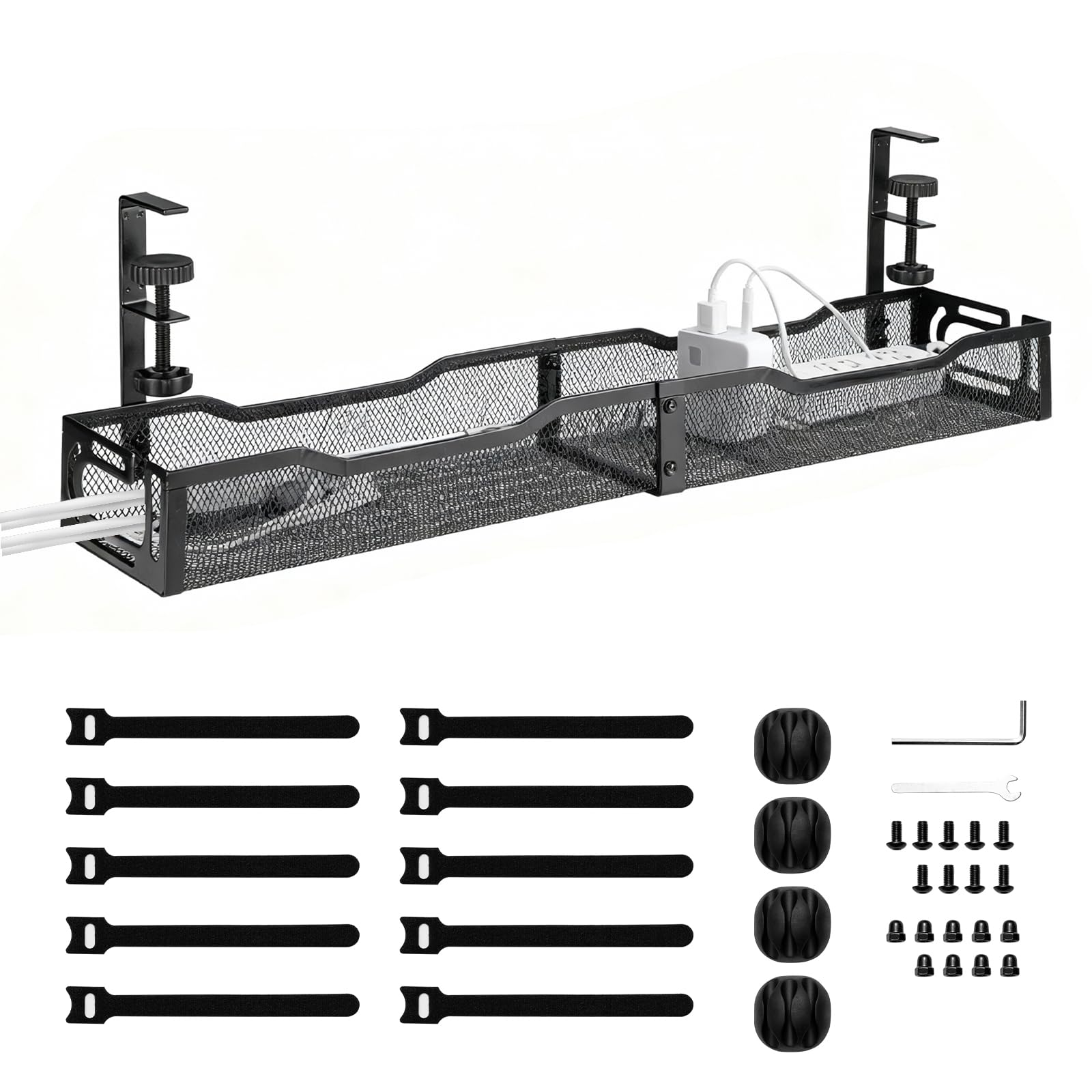 SUNNYNEST Under Desk Cable Management Tray No Drill, Metal Mesh Cable Management Under Desk with Clamp Mount, Wire Management Tray, Cord Organizer for Home, Office, Internet Cafe (Black)