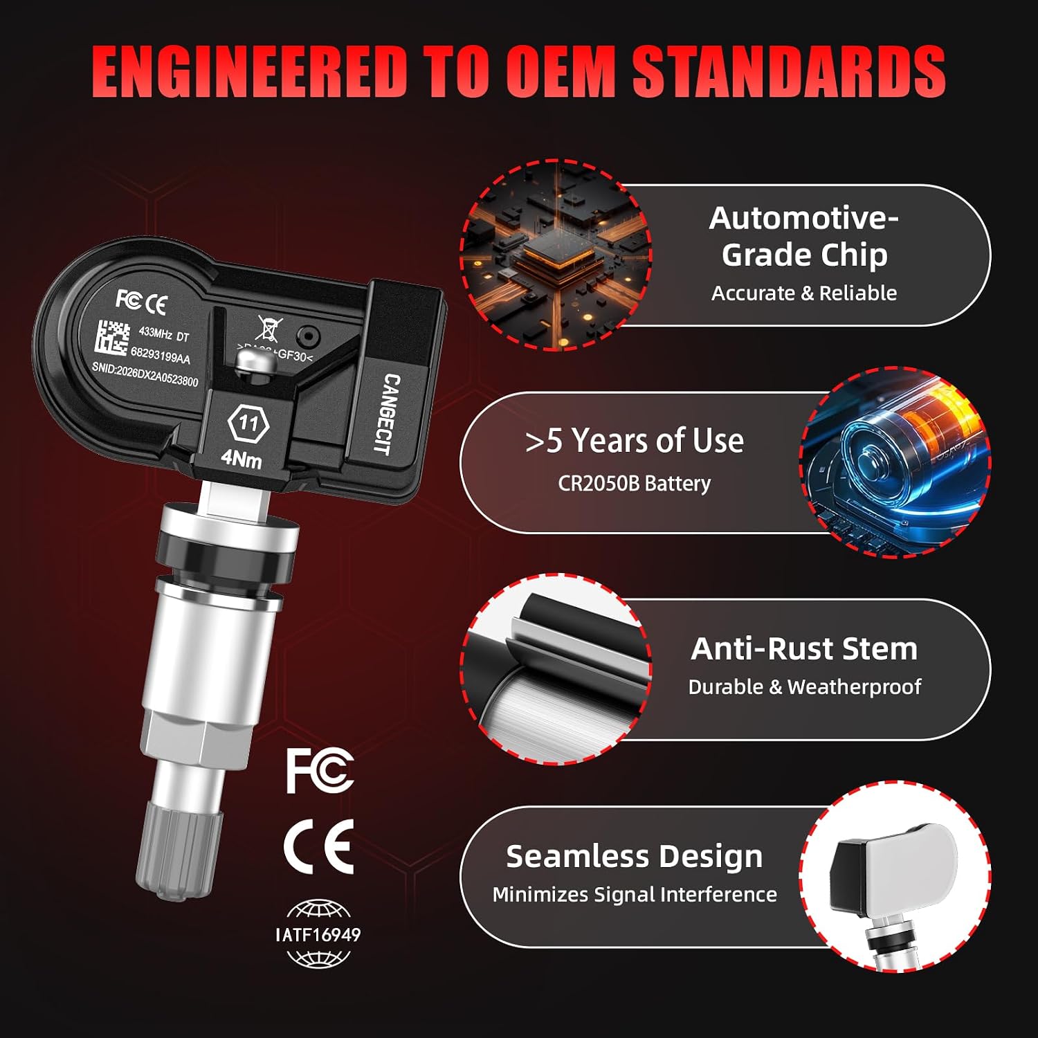 Auto-Relearn TPMS,Pre-Programmed Tire Pressure Sensor for 2019-2025 RAM 1500 DT(not DS,not Classic),433MHz Dodge RAM DT - Replace OE# 68293199AA(4PCS)
