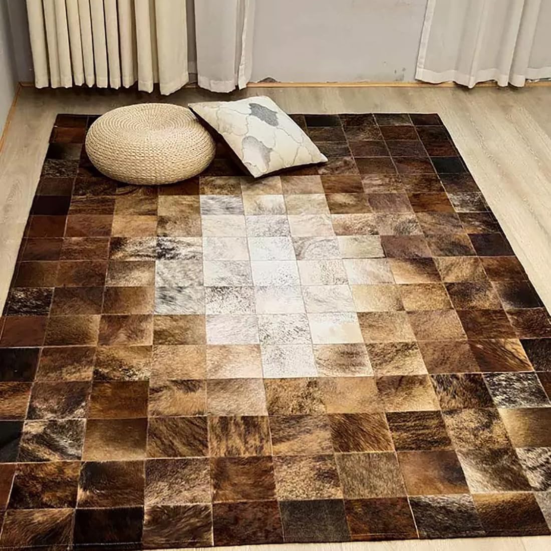 R&RENXIA Tapis en Peau de Vache Patchwork brésilien - Tapis pour Chambre, Salon, Salle à Manger, Cuisine, Bureau - 90×120cm