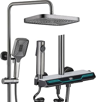 BEITH Exposed Shower System, Modern Piano Key Design Shower Head Set, Ambient Light, Digital Display, 31x21cm Upgraded Square Shower Faucet Sets Complete and Handheld, Bathtub Faucet, Bidet Spray