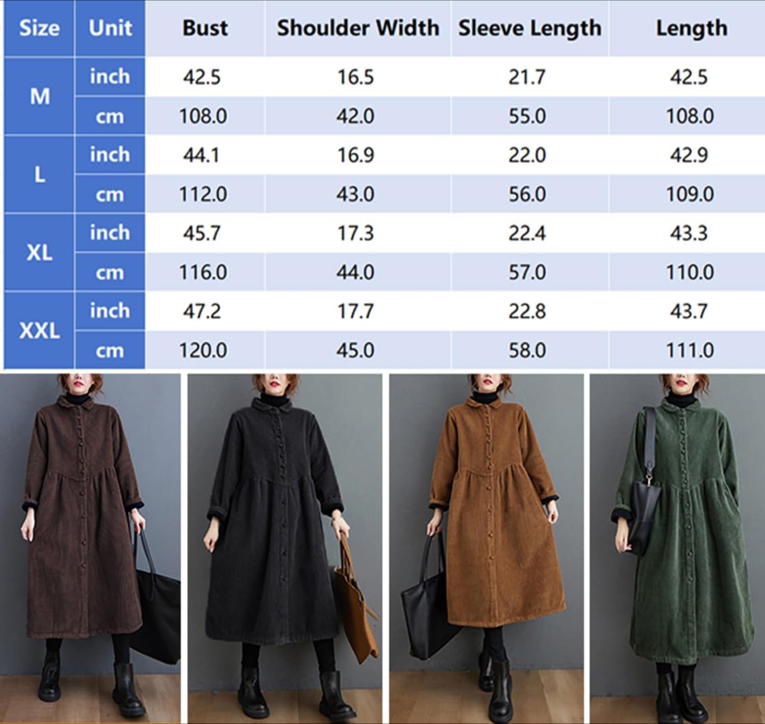 Manteau Long en Velours côtelé pour Femme avec Boutons et Poches latérales Trench-Coat rembourré à Manches Longues Robe Vintage Ample en Velours côtelé
