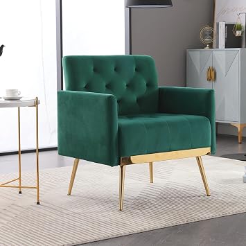 Velvet Accent Chair, Mid Century Modern Living Room Chair Upholstered Tufted Armchair with Gold Metal Legs Single Sofa Side Reading Chairs for Bedroom Club Office Green