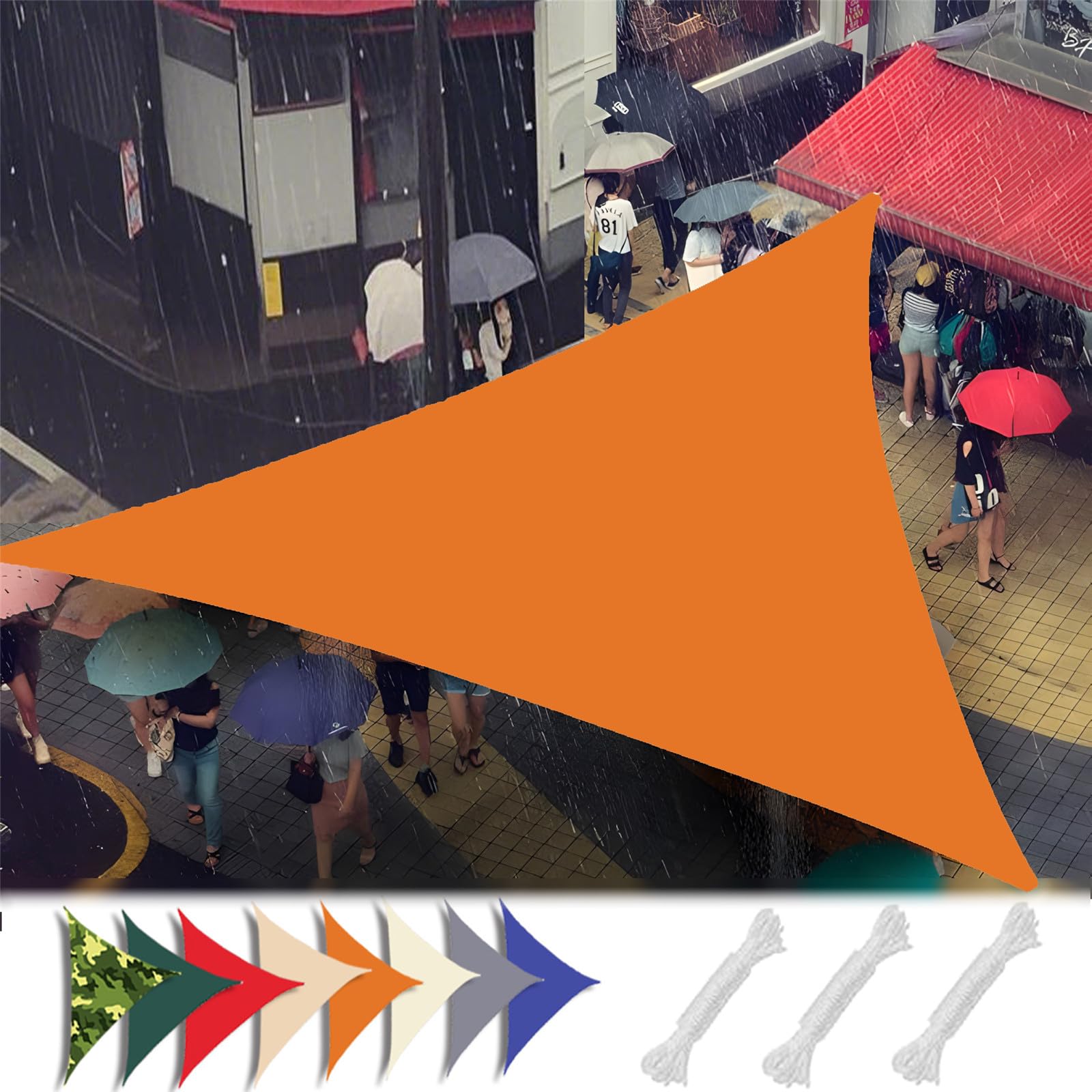Voile d'ombrage triangulaire orange contre la chaleur et la pluie sur la terrasse