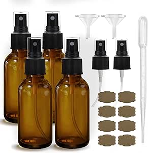 GIVAMEIHF Amber Spray Bottles about 4oz Amber Small Empty Glass Spray Bottle Fine Mist Spray Refillable Containers, Set of 4, Included 6 Sprinkler, 2 Funnels,1 Droppers, 8 Labels