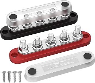 DAIERTEK Power Distribution Block with Cover 5 x 1/4" Studs Bus Bar Terminal Block Max 150A 48V DC 300V AC Positive & Negative for Automotive Car Marine