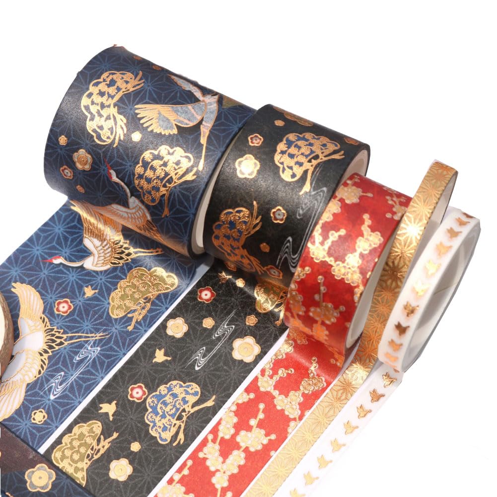 Masking Tape, Cute Crane, Plum Blossoms, Clouds, Ukiyo-e Style, DIY Tape, Stationery, Diary, Gold Foil Stamping, Washi Tape, Set of 5, Japanese Style, Decorative Stickers, Colorful Notebook