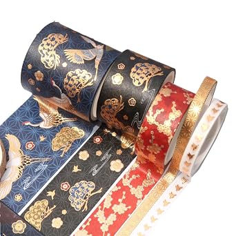 Masking Tape, Cute Crane, Plum Blossoms, Clouds, Ukiyo-e Style, DIY Tape, Stationery, Diary, Gold Foil Stamping, Washi Tape, Set of 5, Japanese Style, Decorative Stickers, Colorful Notebook