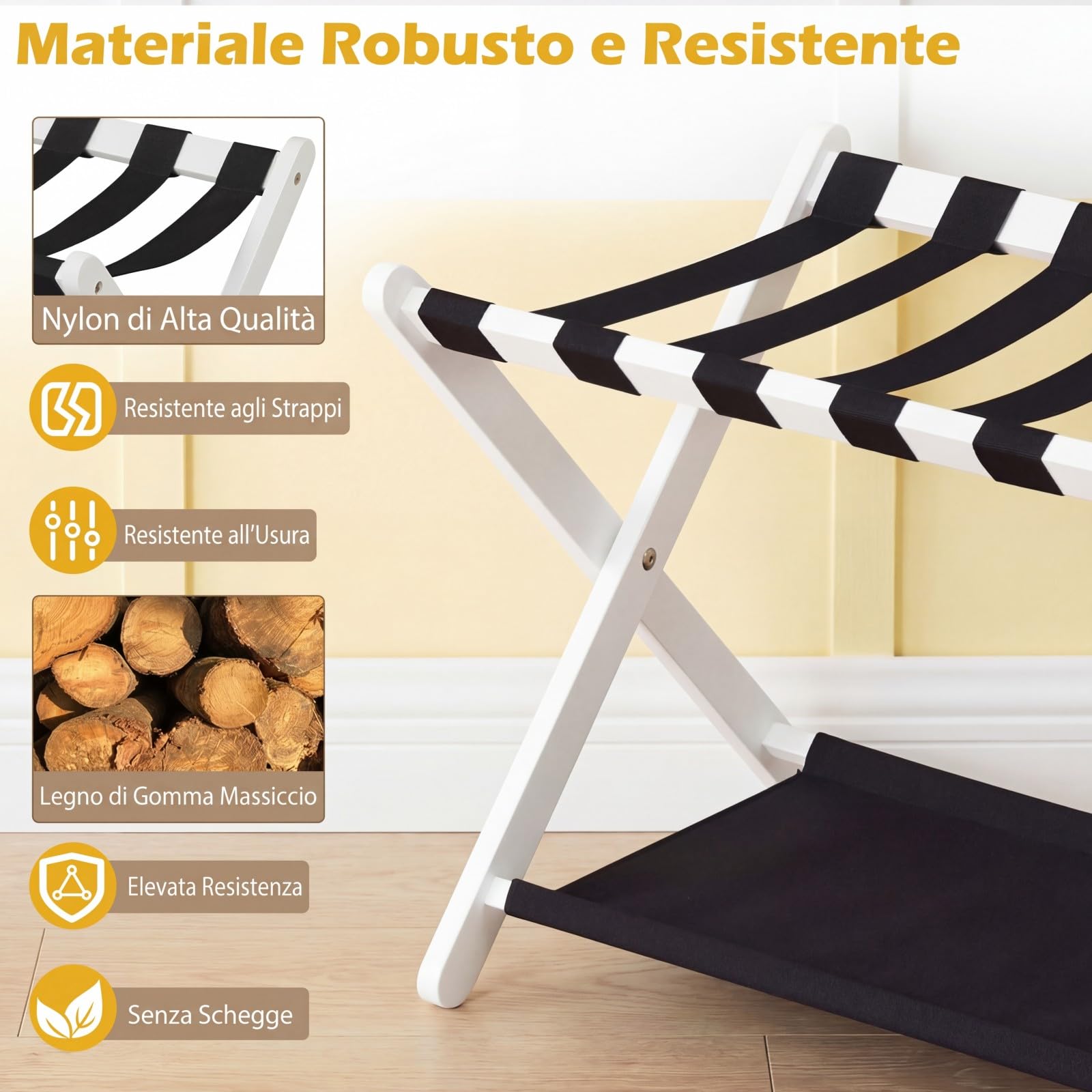 COSTWAY Portavaligie Pieghevole, Porta Valigie con Struttura in Legno Massello, Portapacchi a 2 Ripiani per Hotel e Viaggio, Portata 60 kg (1 pz,Bianco)