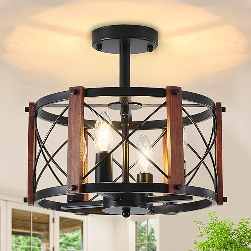 4 luces de techo de granja, de madera, semiempotradas, accesorios de iluminación de cocina, lámparas industriales negras para entrada, candelabros