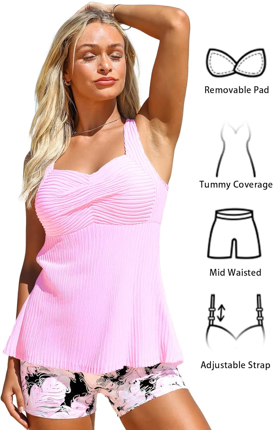 Modlily Surplice Tankini Swimsuits for Women, Two Piece Print Bathing Suit, Modest Coverage Tank Top with Board Shorts