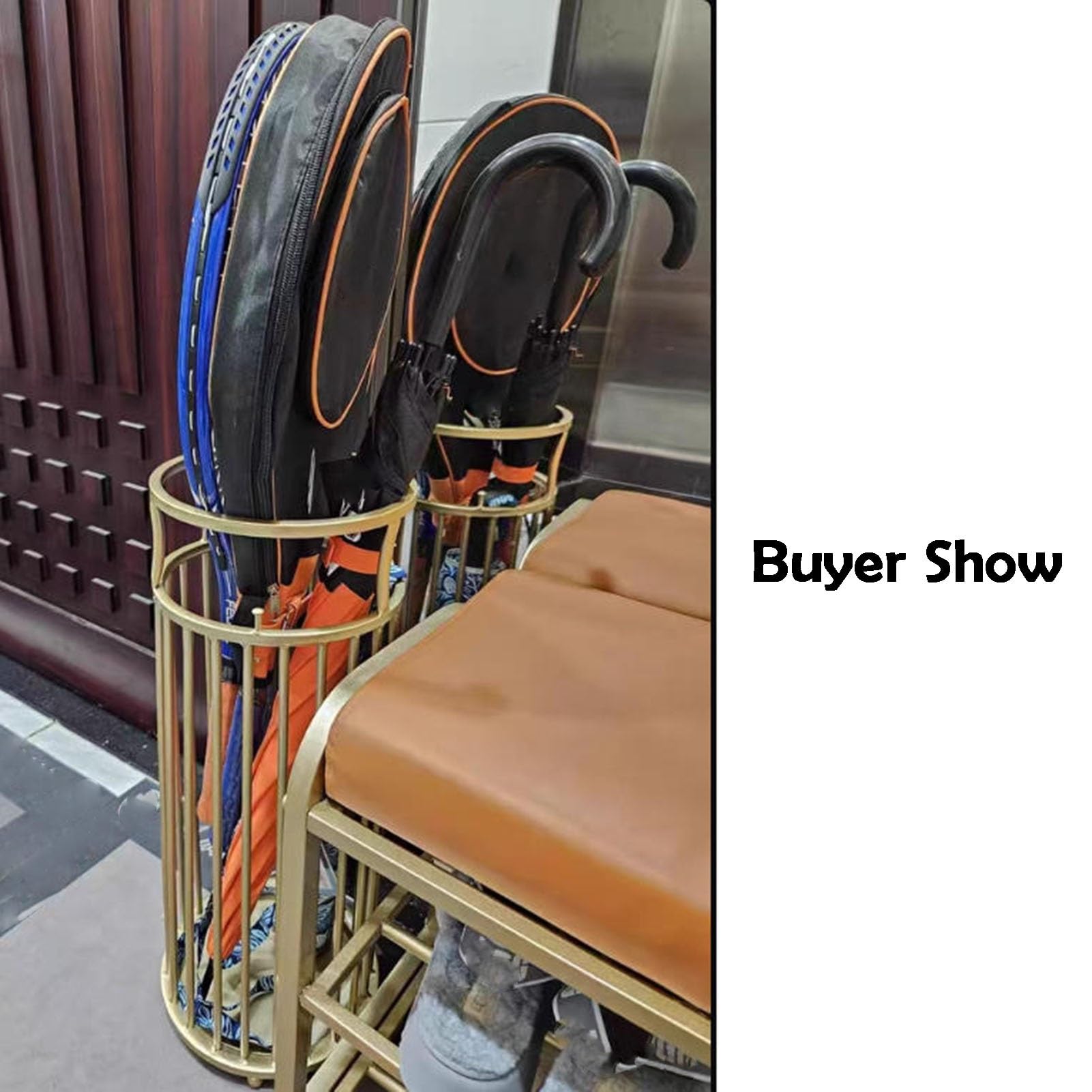 Soporte de paraguas de metal dorado con bandeja de goteo, rack de pared de 3 ganchos para paraguas mojados, palos para caminar, postes de trekking.Soporte de piso de ahorro de espacio para entrada, sa
