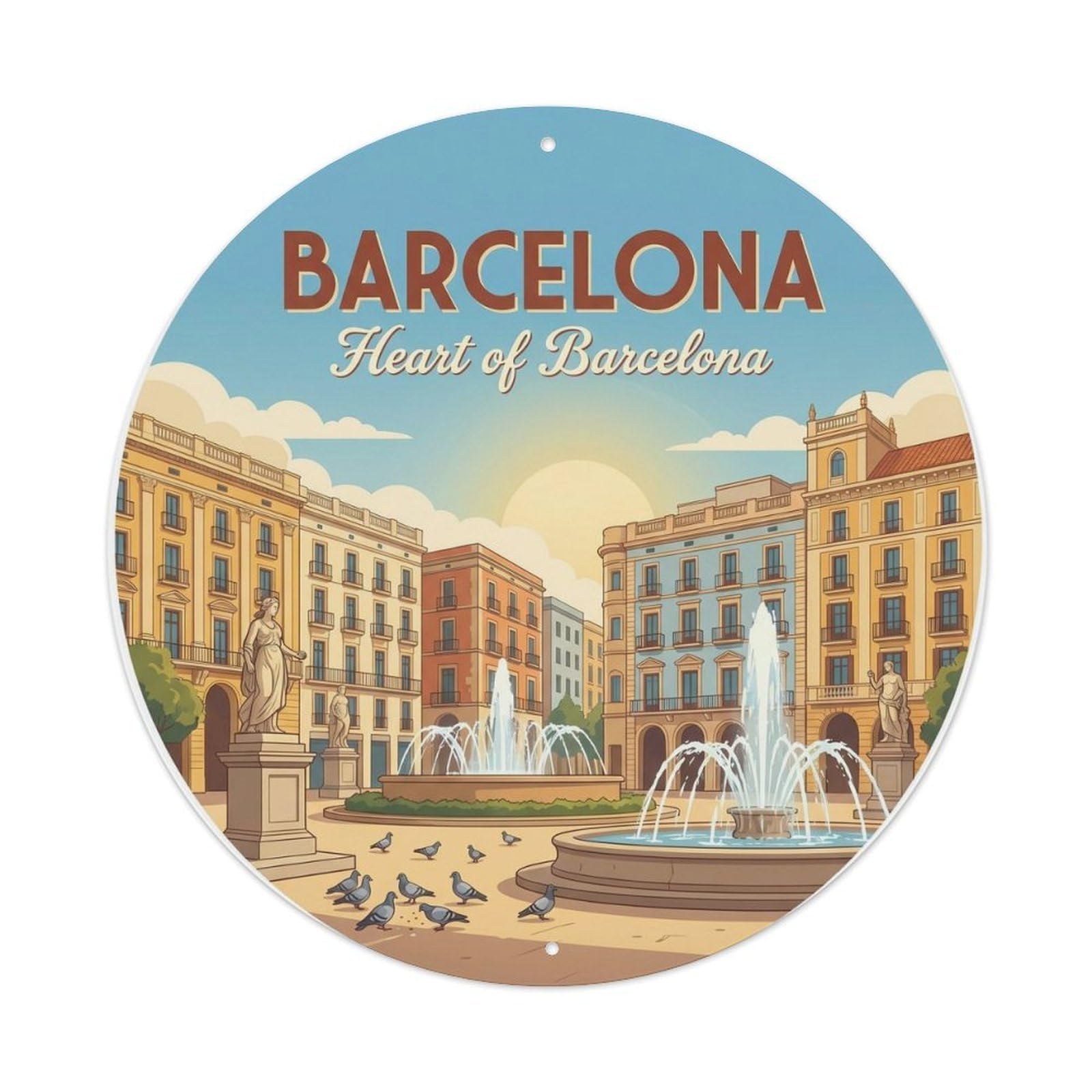 Barcelona Catalunya Plaza Vintage City Square Travel Metal Tin Sign Plaque Wall Decor for Cafe, Man Cave, Club Bar, Office, Home Garden Round Metal Poster 8x8Inch