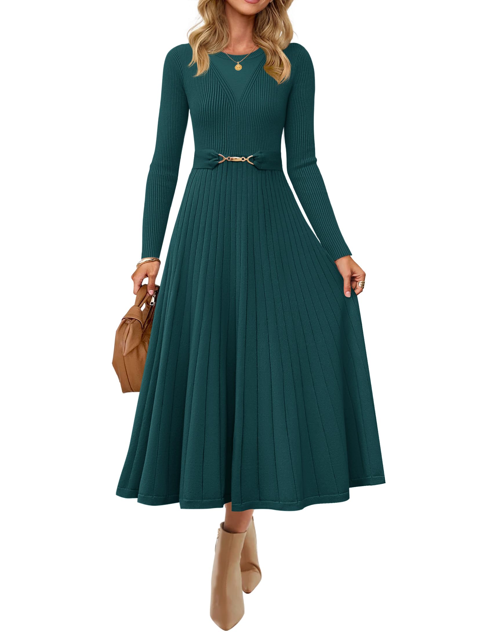 ZESICA Womens Long Sleeve Midi Sweater Dress 2026 Fall Crewneck Knit A Line Pleated Flowy Long Dresses with