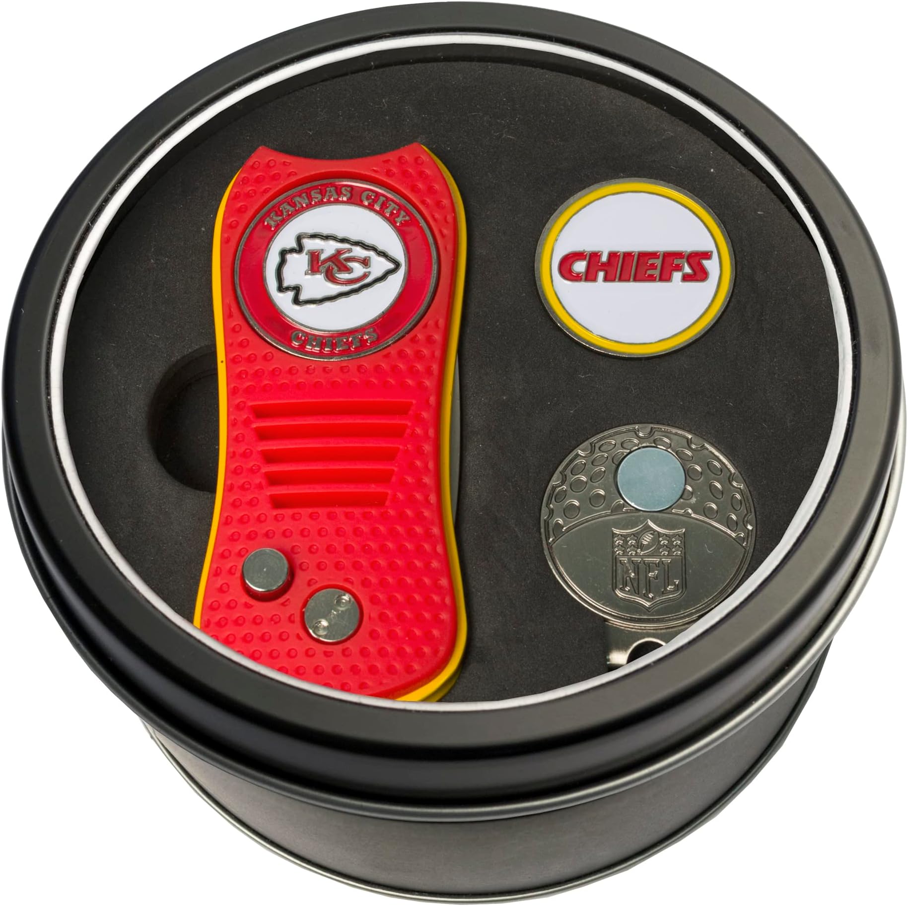 NFL Gift Set Switchblade Divot Tool, Cap Clip, & 2 Double-Sided Enamel Ball Markers, Patented Design, Less Damage to Greens, Switchblade Mechanism