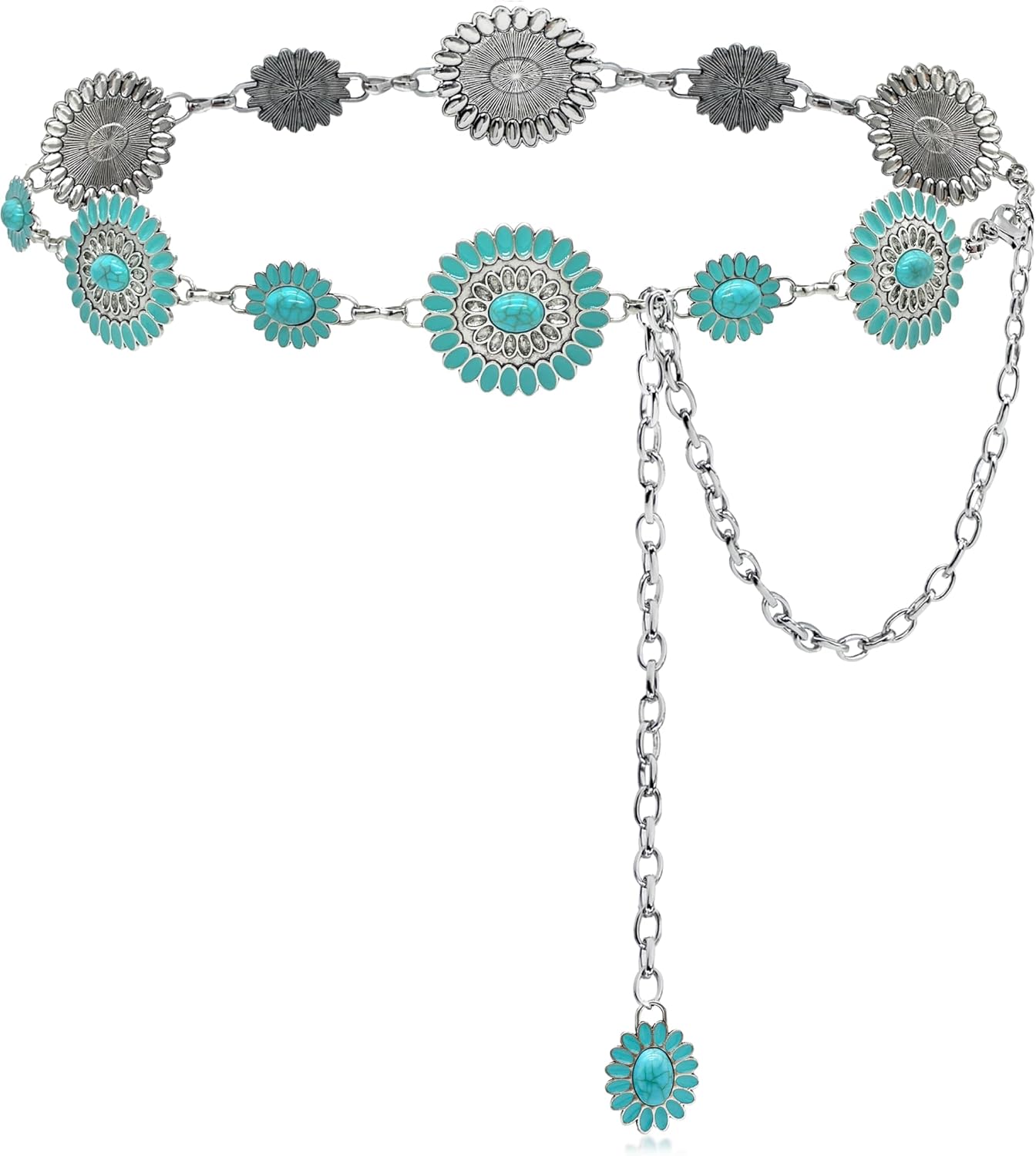 Turquoise Belt Silver Western Chain Belt, Cowgirl Concho Style with Turquoises Embellishment for Women