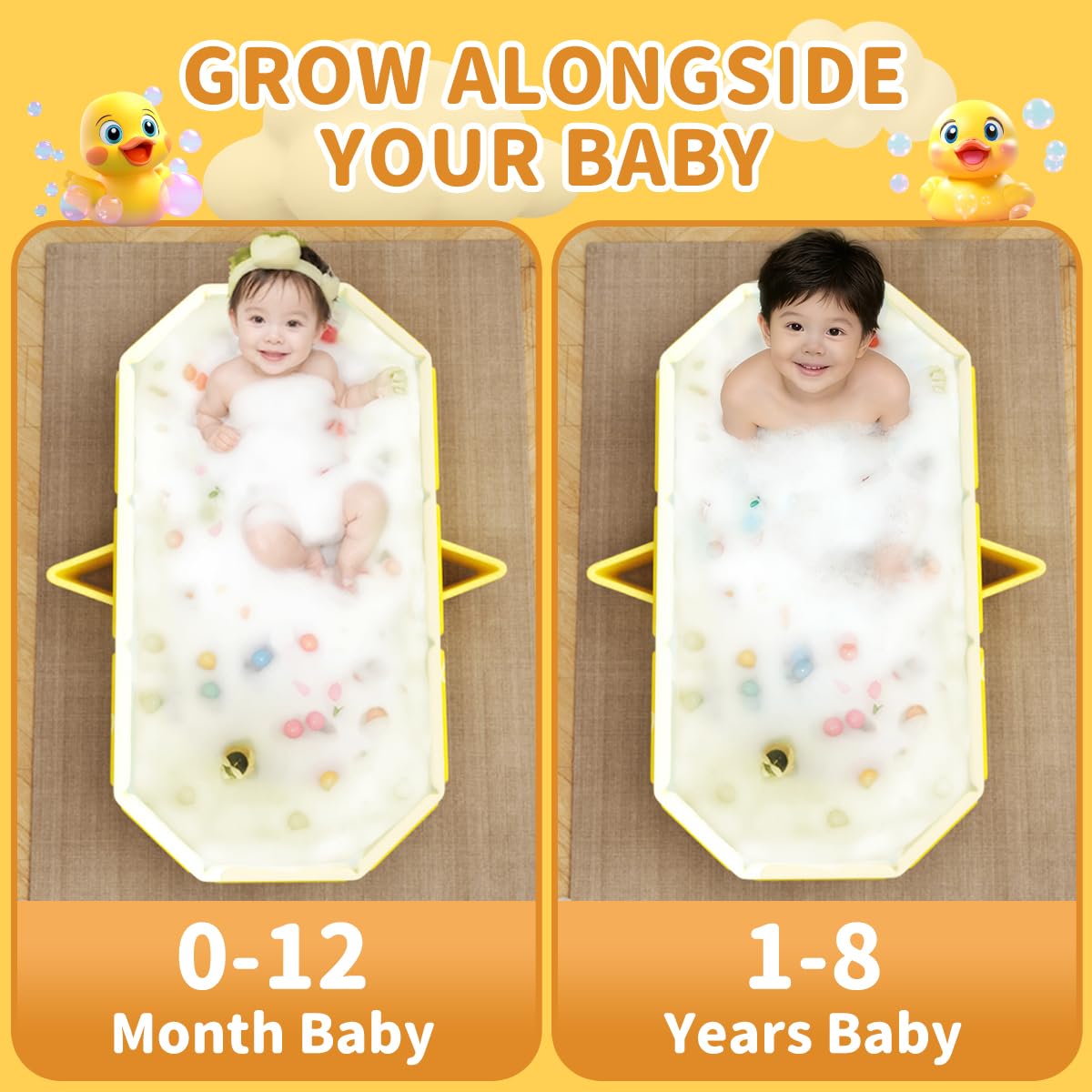 Bañera plegable para Niños, Bañera Grande para Niños Pequeños,Bañera Portátil con Juguetes para Niños,Trae 5 pelotas oceánicas y 2 patitos de goma gigantes (Amarillo) — view 7