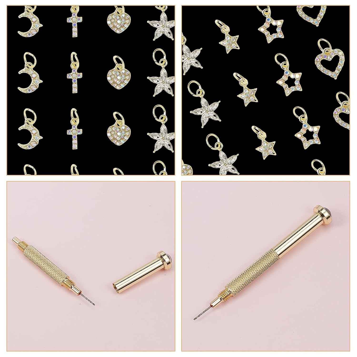 NICENEEDED 28 PCS Dangle Nail Art Charms, 3D Star Moon Cross Gold Nails Pendants Alloy Nail Charms Set with Piercing Tool, Piercing Art Decoration for Acrylic Nails DIY