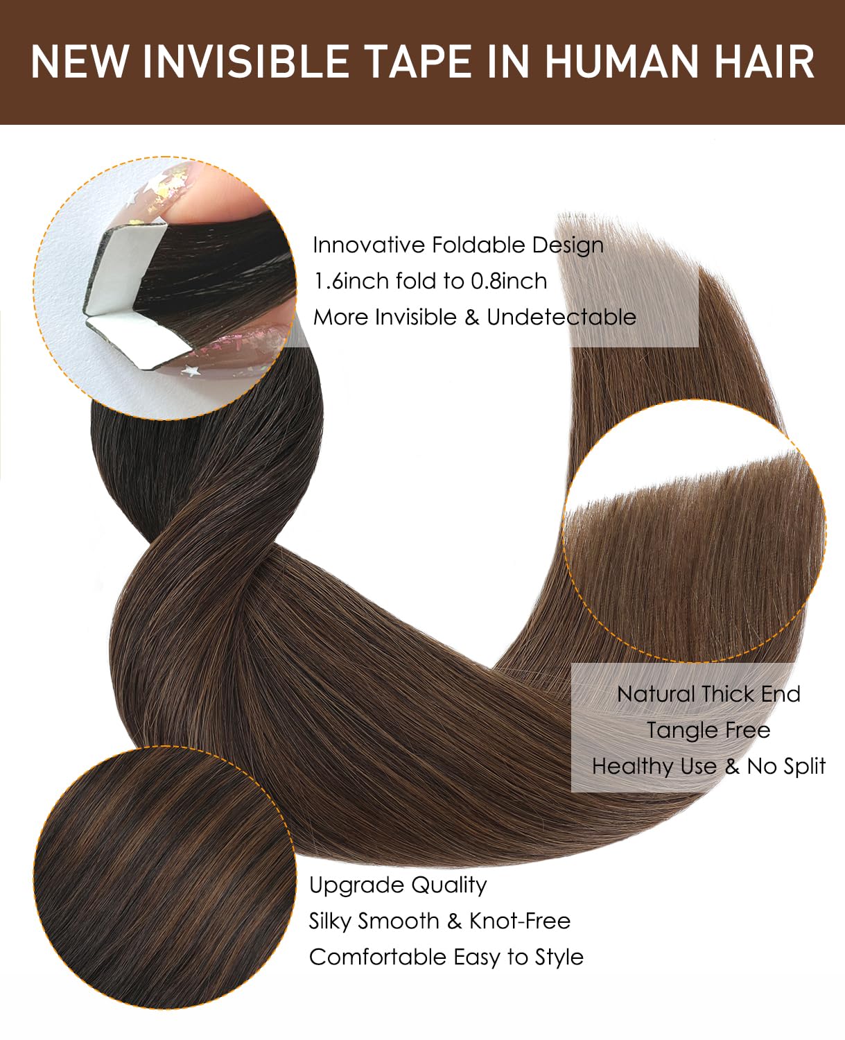 VINBAO Micro Tape in Hair Extensions Human Hair Black Trend To Chocolate Brown 50g 20Pcs 22in Thick End Balayage Tape in Hair Extensions Silky Straight (22inch, #1BT4)