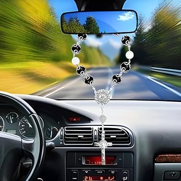 2 Pieces Car Mirror Hanging Accessories,Car Rosary with Cross Blessing Rosary, Beads Catholic for Woman Men Personalized Rearview Mirror Auto Rosary Hanging Accessories Interior Decors (Black)