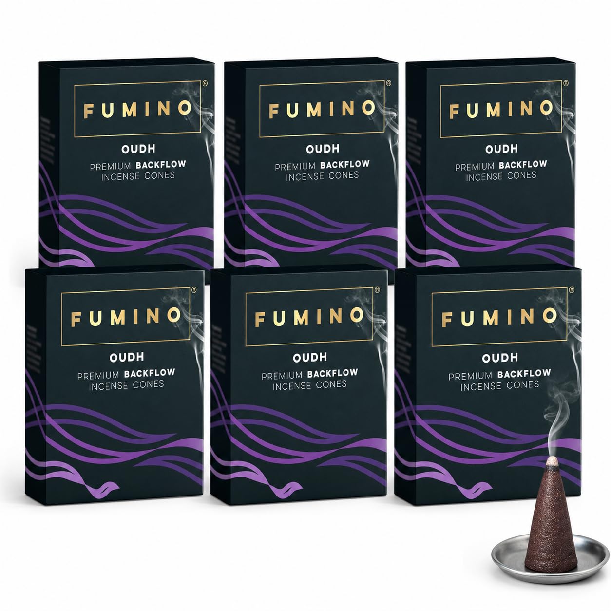 Fumino Black Backflow Incense Cones Oudh 90 Pack 6 Boxes - Natural Masala