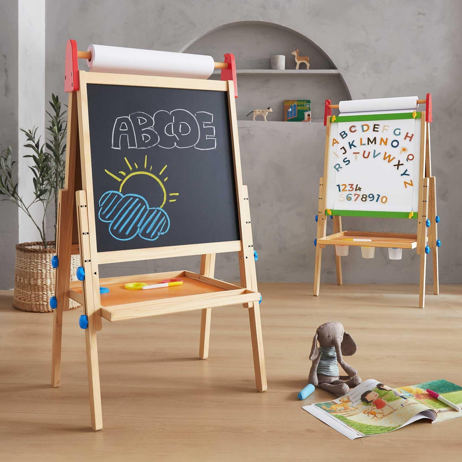 Easel for Kids with 2 Drawing Paper Roll, Adjustable Kids Art Easel, Learning-Toy for 3,4,5,6,7,8 Years Old Boy & Girls, Wooden Chalkboard & Magnetic Whiteboard & Painting Paper Stand