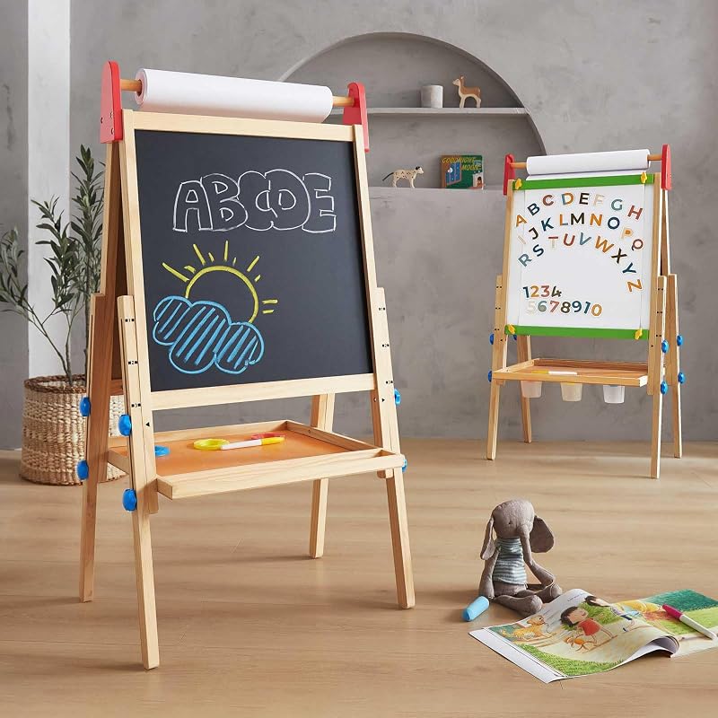 Caballete de madera para niños, caballete de arte con pizarra y pizarra blanca | Estructura robusta de pino macizo, 2 rollos de papel de dibujo, tablero de doble cara, 3 alturas ajustables, juguete de aprendizaje artístico para edades de 3 a 12 años