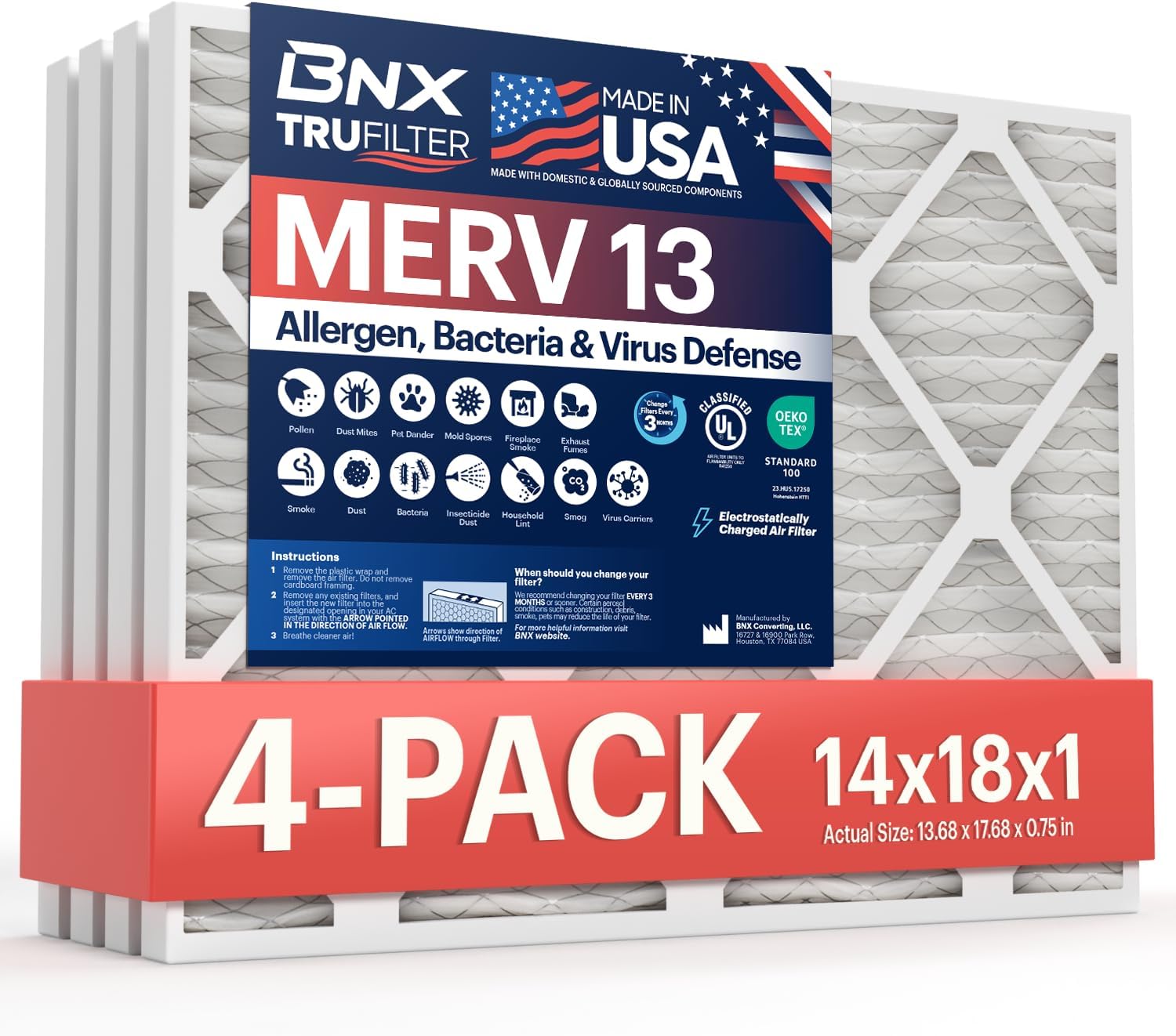 BNX TruFilter 14x18x1 MERV 13 (4-Pack) AC Furnace Air Filter - MADE IN USA - Electrostatic Pleated Air Conditioner HVAC AC Furnace Filters - Removes Pollen, Mold, Bacteria, Smoke 14x18x1 4-Pack
