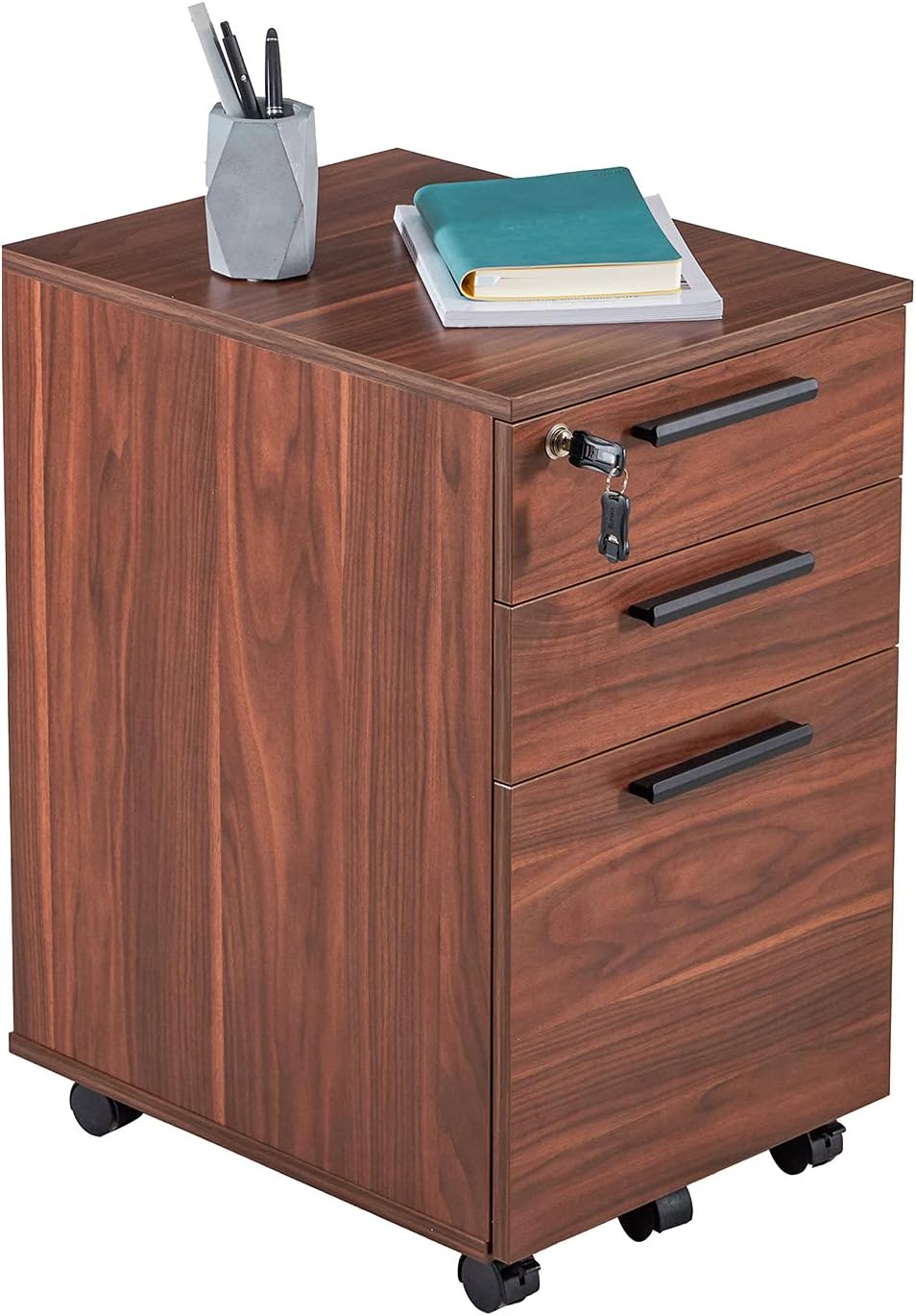 3 Drawer Mobile File Cabinet with Lock Under Desk Wood Pedestal Filing Storage Fully Assembled Except Casters for Home Office, Walnut : Office Products