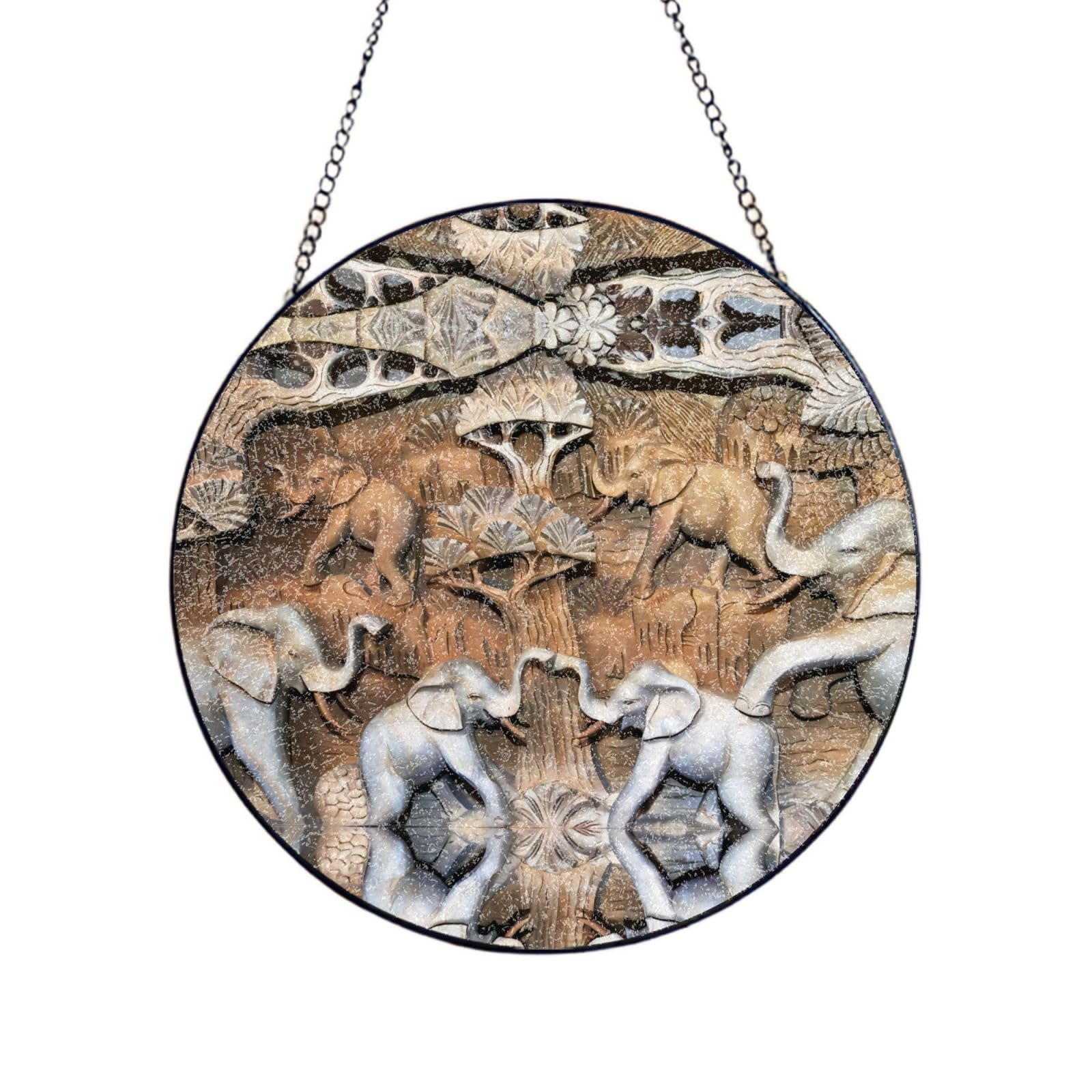 Phayah Nature Elephants Print Glass Window Hanging Round Suncatcher Glass Ornament Garden Wall Fence Decorations Indoor Outdoor 12in（30cm）