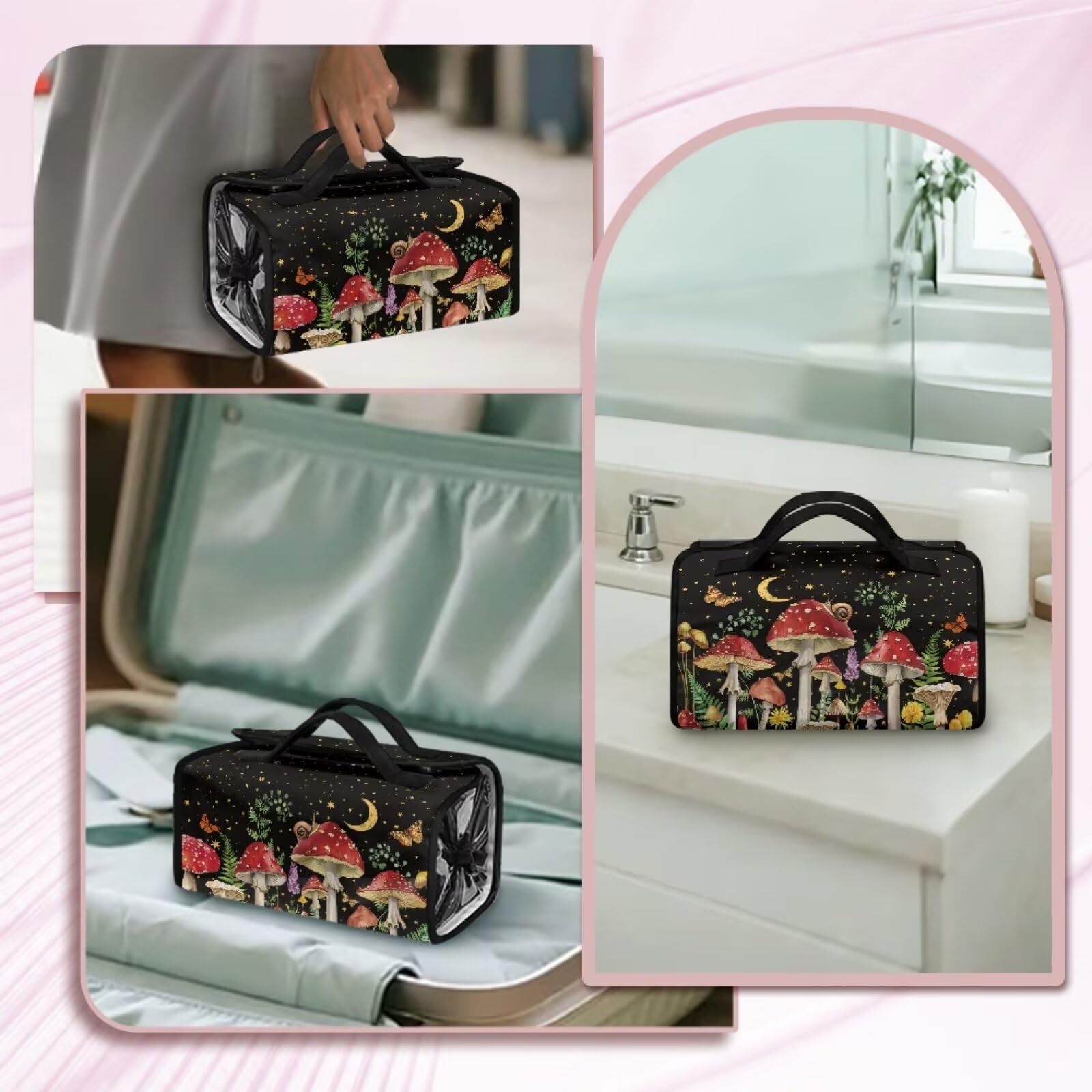Dngkaoje Mushroom Hanging Toiletry Travel Bag for Women Roll Up Makeup Bag Mushroom Butterfly Print Foldable Toiletry Bag 4-in-1 Foldable Makeup Bag Makeup Brush Holder Organizer Storage Bags - Image 2